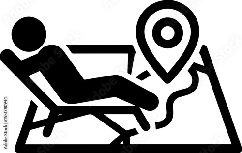 Man icon reclining in a chair with a map and location pin. Travel and vacation concept for graphic design element.