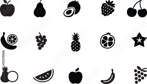 Set of black and white vector silhouettes depicting various fresh fruit icons