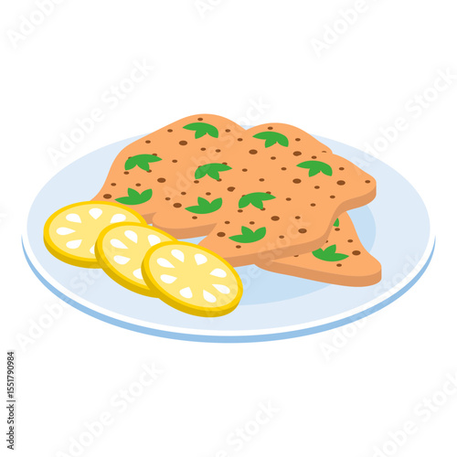 Otbivnaya or Schnitzel isometric concept, Havaijinleike or  Wieninleike vector design, German cuisine symbol, Germany Serving Platter sign, European gastronomy food culture illustration 