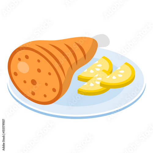 schweinshaxe pork knuckle isometric concept, slow roasted Austrian-style Stelze vector icon design, German cuisine symbol, Germany Serving Platter sign, European gastronomy food culture illustration 

