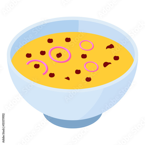 Sachsische Kartoffelsuppe chunky soup bowl isometric concept, Hot potato stew vector icon design, German cuisine symbol, Germany Serving Platter sign, European gastronomy food culture illustration 
