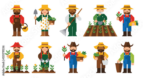 Cheerful Cartoon Farmers And Gardeners Tending Crops With Tools In Vibrant Vector Illustrations