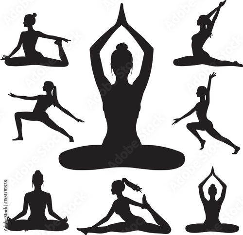 Silhouettes of women demonstrating various yoga poses for exercise and meditation practice