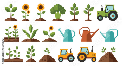 Colorful Flat Design Set Illustrating Agricultural Growth, Farming Equipment, and Botanical Elements