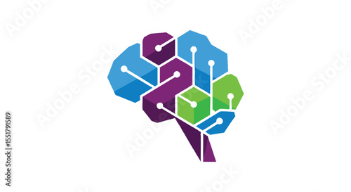 Abstract Digital Brain Composed of Geometric Hexagons and Cubes Symbolizing AI and Connectivity