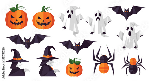 Vibrant Low Poly Halloween Icons Featuring Jack-O-Lanterns, Bats, Ghosts, Witches, And Spiders
