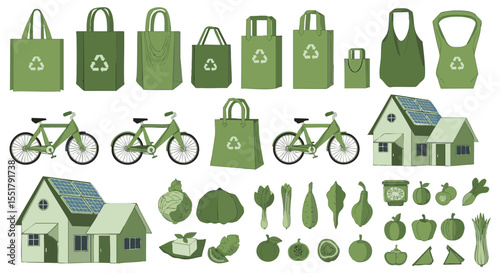 Sustainable Living Elements  Vector Illustration Pack Green Eco-Friendly Bags, Solar Homes, Bicycles, and Organic Produce Illustrations