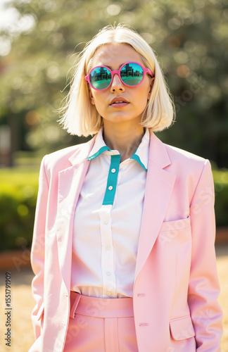 Portrait of woman in pastel suit with colorful sunglasses.