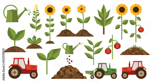 Vibrant Flat Design Collection of Agricultural Elements  Vector Illustration Pack Sunflowers, Tomatoes, Tractors, and Gardening Tools