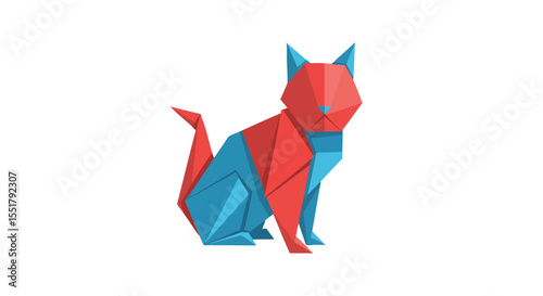 Abstract Polygonal Cat in Sitting Pose, Rendered with Bold Red and Blue Geometric Forms