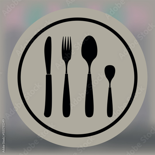 Black silhouette icon of cutlery set including knife, fork, spoon, and teaspoon on round beige background. Simple vector design for kitchen or restaurant use.