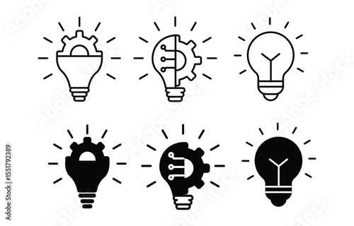Idea light bulb icon set. Idea bulb liner flat icon set. innovation, lamp, light bulb, mark, creative, positive, smart, solution, strategy. Idea, bulb, innovation icon collection EPS10 - Stock Vector