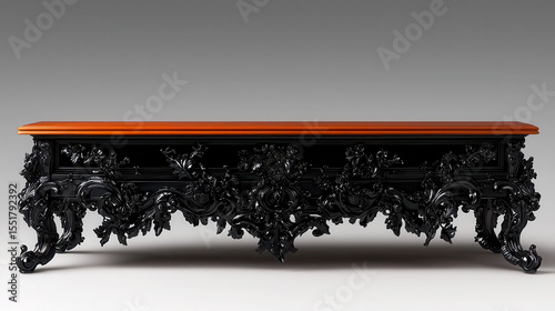 Ornate Black Console Table with Elegant Wood Top and Intricate Details