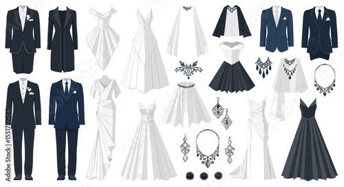 Elegant Formal Wear Collection Featuring Classic Suits, Gowns, and Exquisite Jewelry Designs