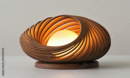 Modern wooden spiral lamp radiating warm light on table indoors