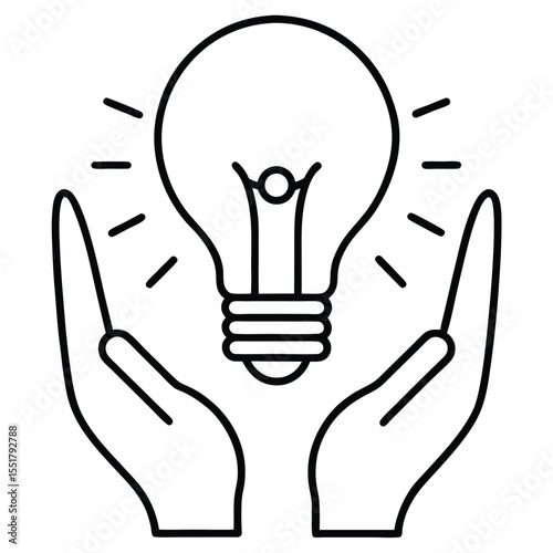Hands holding a glowing light bulb icon line art vector on white background