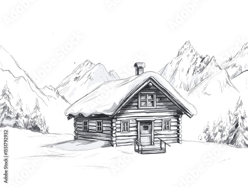 white background, Snow-covered cottage in the mountains - isolate on a snowy mountain background., drawings in pencil easy, very simple and isolate in the style of animated illustrations, white backgr