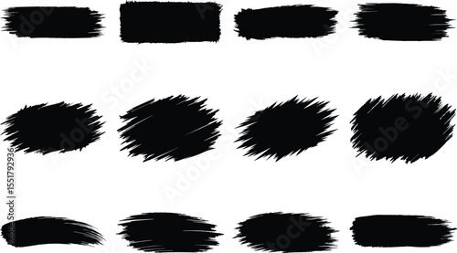 Grunge black brush strokes set on white background, hand-drawn textured paint blobs, rough ink smear shapes, abstract dry brush elements, artistic sketch swatches for modern graphic design