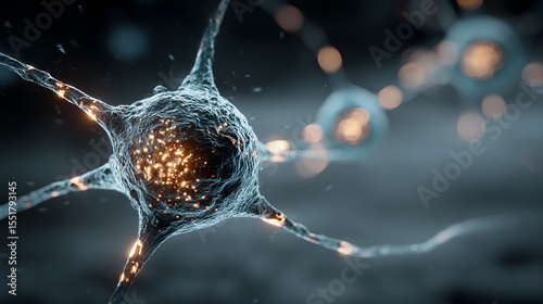 Glowing artificial neuron network with pulsating light trails, futuristic AI technology concept with digital brain connections and neural data transmission.