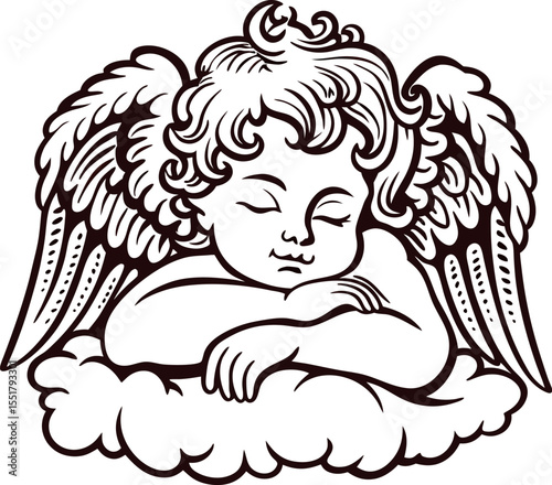 Sleeping cherub with curled hair and wings resting on cloud in detailed vintage engraving illustration