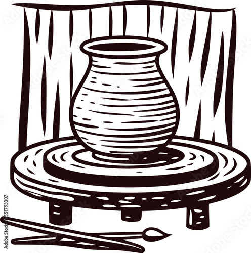 Hand drawn pottery vase on a potter’s wheel with tools in vintage engraved woodcut illustration