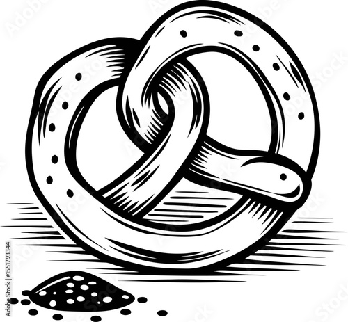 Hand drawn pretzel with salt engraving vintage sketch baked bread illustration in black and white