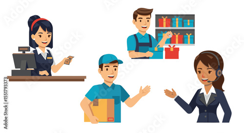 Diverse Professionals Illustrate Key Roles in Retail, Logistics, and Customer Service Operations