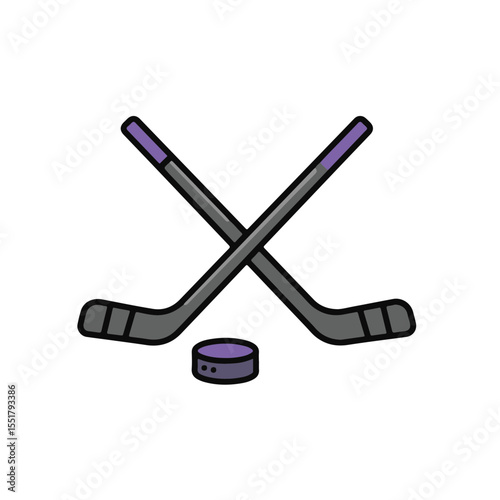 Two hockey sticks cross over a hockey puck, sports equipment.