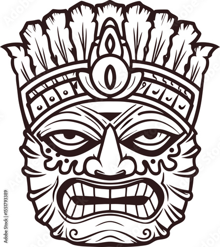 Decorative tribal mask with fierce expression and ornate feather headdress, monochrome hand drawn illustration