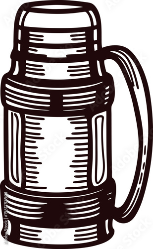 Hand drawn vintage thermos flask with lid and handle isolated on white background engraving illustration