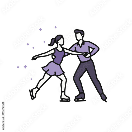 A graceful ice skating couple gracefully gliding across the rink.