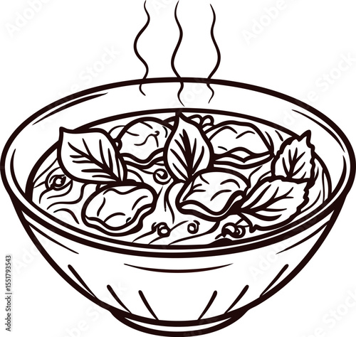 Hand drawn bowl of hot dumpling soup with herbs and steam in outline engraving illustration
