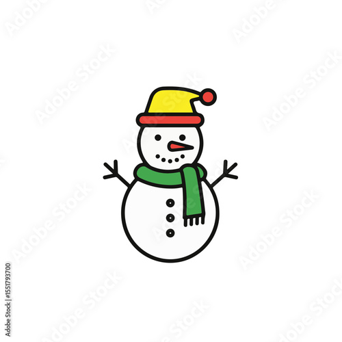 Cheerful snowman with a yellow hat and green scarf in winter.