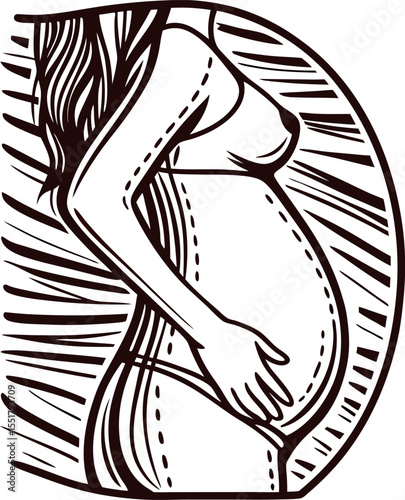 Pregnant woman side profile illustration with hand on belly in vintage engraved woodcut