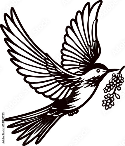 Elegant hand drawn swallow bird flying with blooming flower branch, black and white vintage engraving illustration