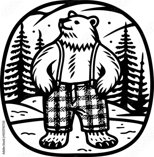 Standing bear wearing plaid pants and suspenders in forest illustration, vintage mountain wilderness drawing