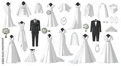 Comprehensive Collection of Elegant Bridal Gowns, Groom Suits, and Wedding Accessories Vector Art