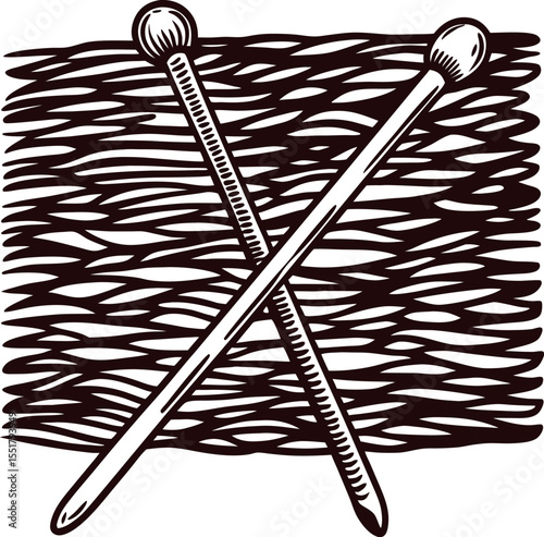 Vintage hand drawn knitting needles crossed over textured wool background illustration