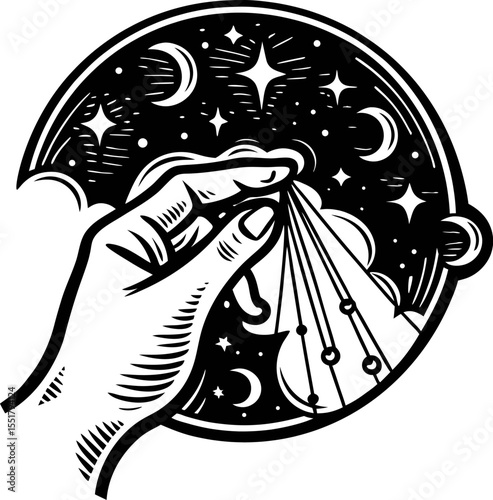 Hand holding celestial threads among stars and moons in night sky, vintage engraved illustration