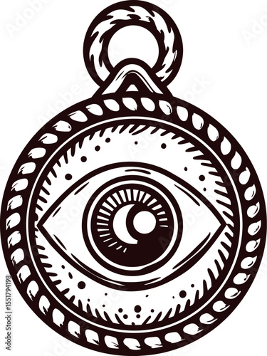 Vintage engraved illustration of an all seeing eye amulet with ornate round pendant design