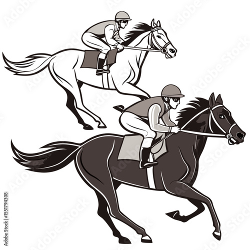 A horse racing with jockeys