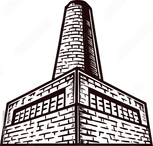 Hand drawn industrial brick factory chimney illustration in vintage engraving on white background