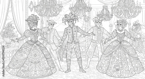 Elegant Masquerade Ball Intricate Coloring Page Design