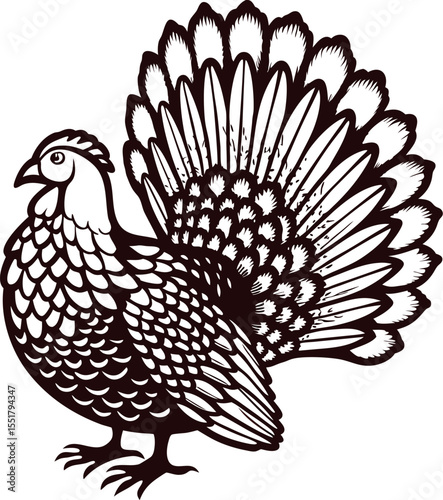 Detailed vintage drawing of a standing turkey bird with fully fanned tail feathers, hand drawn