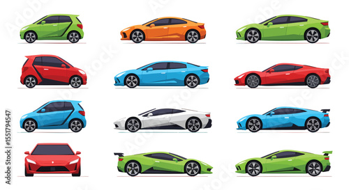 Colorful Assortment of Modern Flat Design Vector Cars Including Hatchbacks, Sedans, And Sports Cars