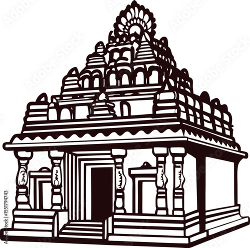 Intricate line illustration of ancient hindu temple architecture with detailed columns and ornate dome design