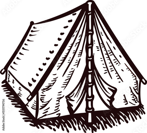 Hand drawn vintage canvas tent illustration with open flaps and visible support poles on ground
