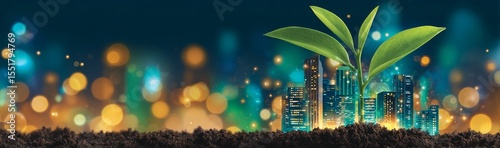 With the city skyline at sunset, a young plant grows out of the ground, illustrating the potential for growth and development through renewable resources and eco-friendly solutions in urban areas
