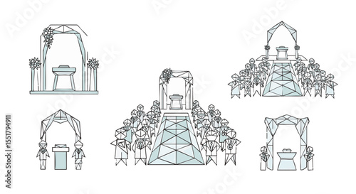 Geometric Line Art Illustrations of Various Wedding and Religious Ceremony Settings with Congregation