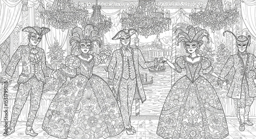 Elegant Masquerade Ball Intricate Line Art Illustration